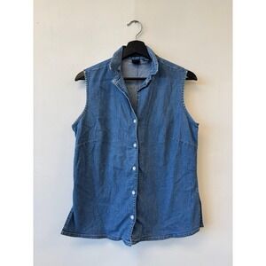 Vintage GAP Shirt Womens Medium Blue Denim Sleeveless Button Front Collared Y2K